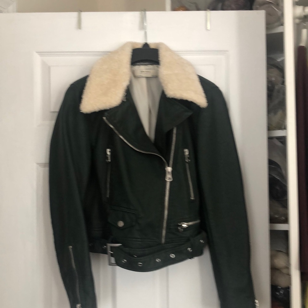 Zara faux motto leather jacket with cream faux collar in cream